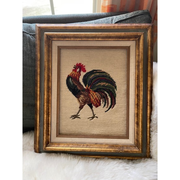 Other - Vintage Framed Rooster Needlepoint Textile Art Gilt Wood Frame Farmhouse Decor